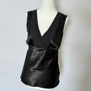 George Black Satin V-Neck Pleated Empire Waist Tie Back Tank Top Casual S 4/6